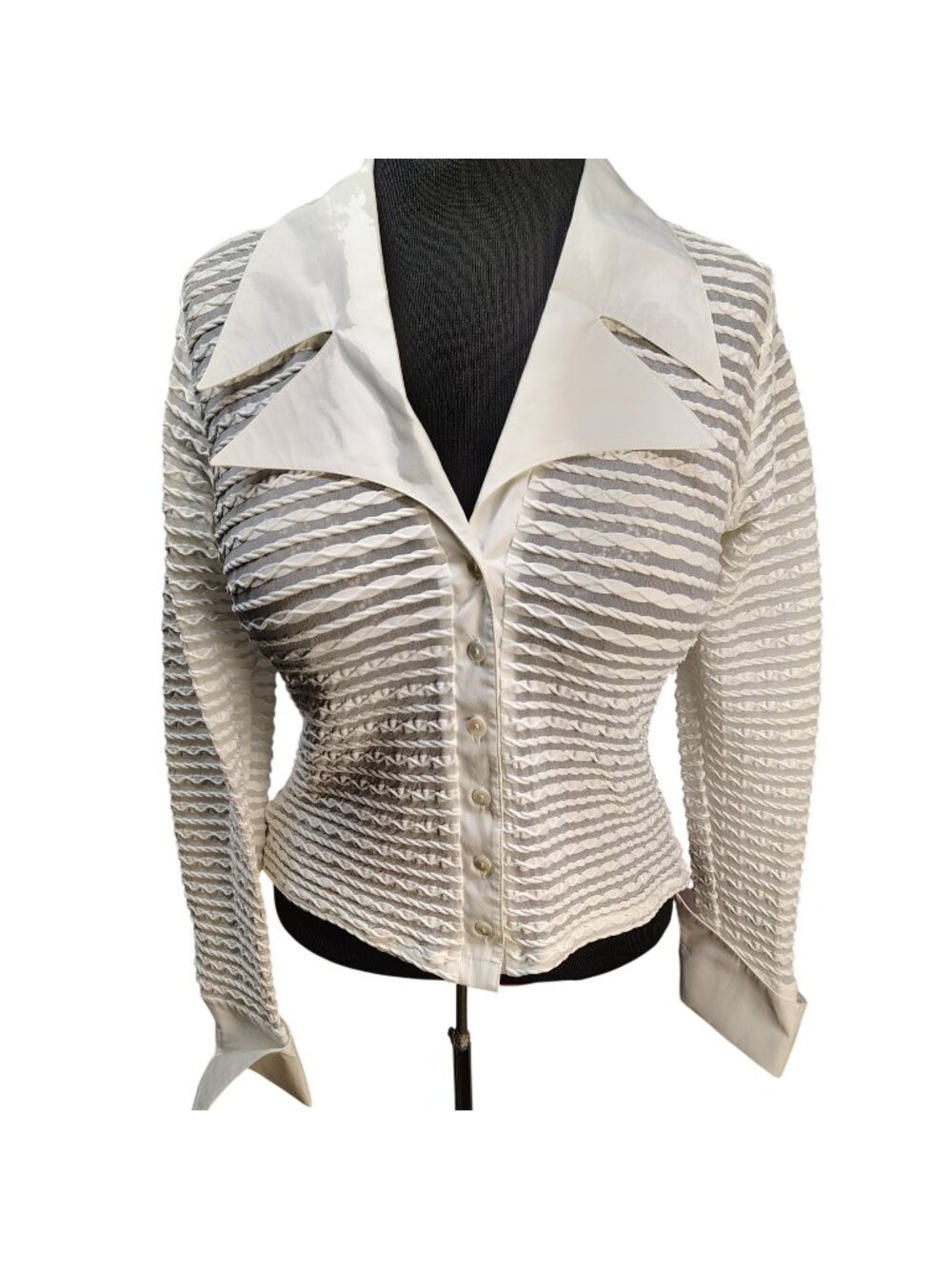 Cache Y2K White Textured Sheer Pointed Collar French Cuffs Medium Coquette Cyber
